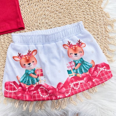 Conj. Regata com Lacinho Xadrez e Short Saia Renas - Vermelho e Branco